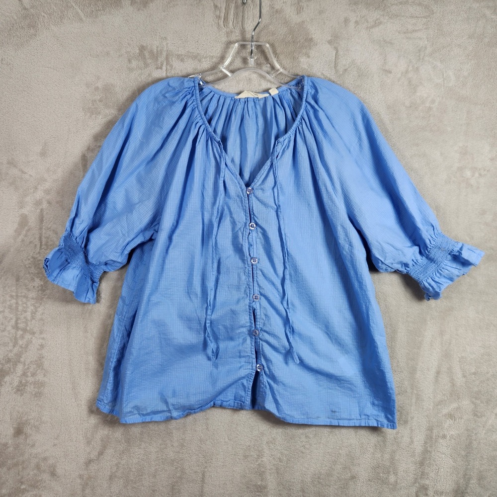 Me Jennie‎ Garth Shirt Womens Small Blue Hudrangea Cotton Wharf Tie Neck A692403